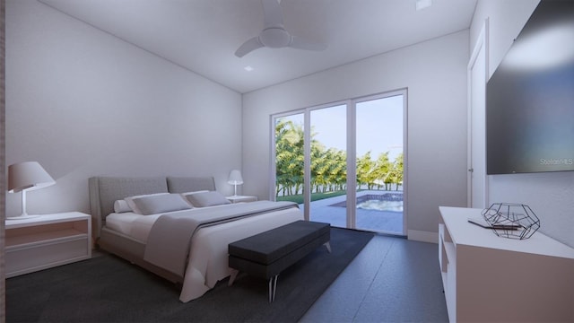 bedroom with access to exterior and ceiling fan