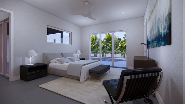 bedroom with ceiling fan and access to exterior