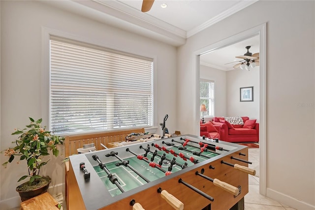 467 Canal Rd Unit 467, Sarasota, FL 34242 - rec room featuring ceiling fan, crown molding, baseboards, and light tile patterned flooring