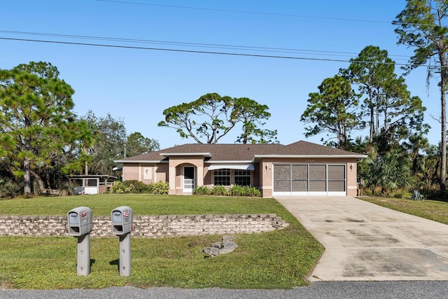 ranch-style home featuring a garage and a front lawn