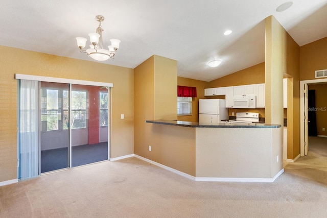 kitchen featuring white cabinetry, kitchen peninsula, hanging light fixtures, white appliances, and light colored carpet