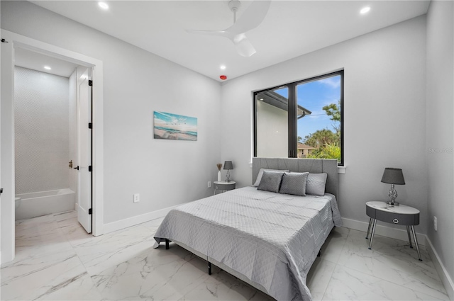 bedroom with ceiling fan and ensuite bathroom