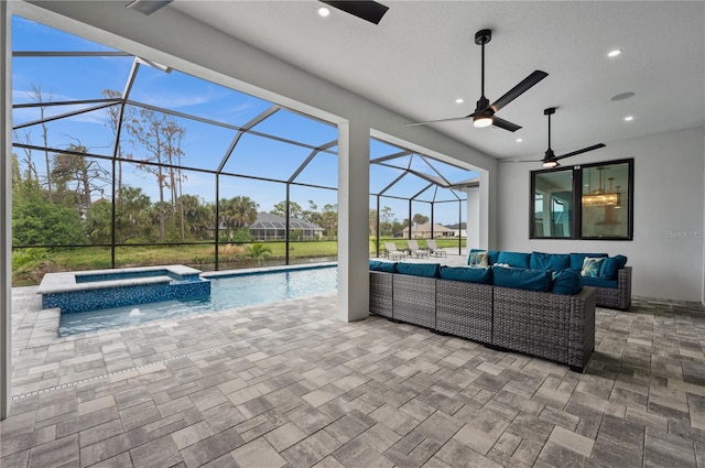 view of swimming pool with glass enclosure, a patio, an outdoor living space, and ceiling fan