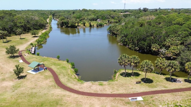 drone / aerial view featuring a water view