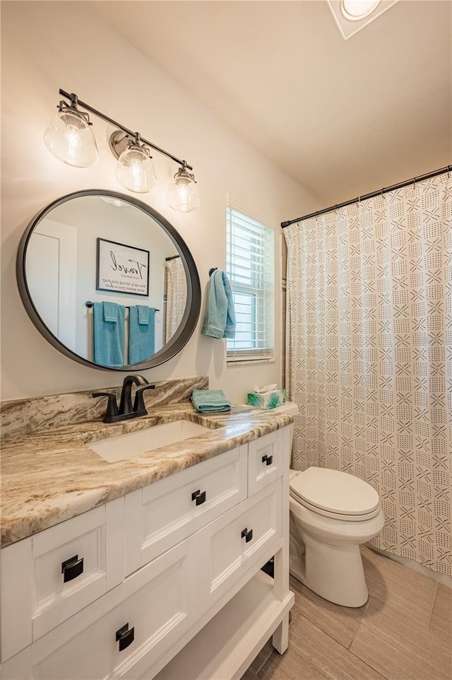 bathroom featuring toilet, vanity, and walk in shower