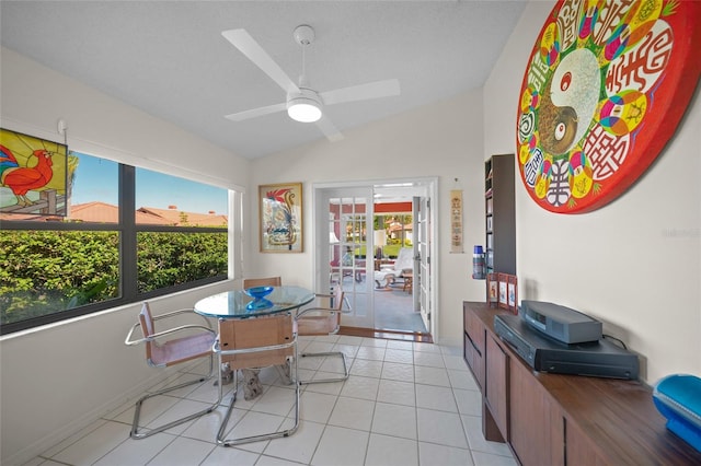 interior space featuring french doors, ceiling fan, and vaulted ceiling