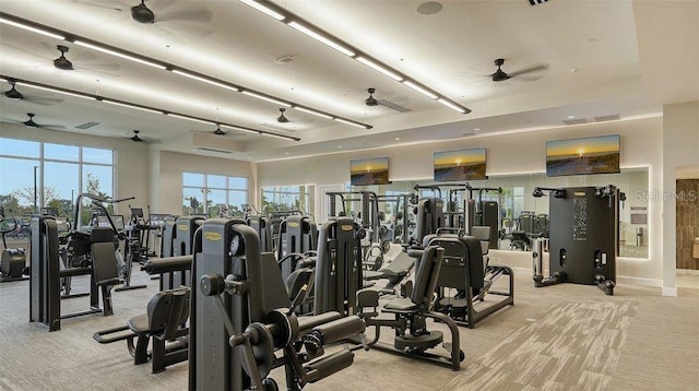 workout area with light colored carpet