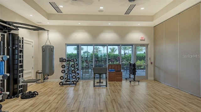 workout room featuring a wealth of natural light, light hardwood / wood-style floors, and a towering ceiling