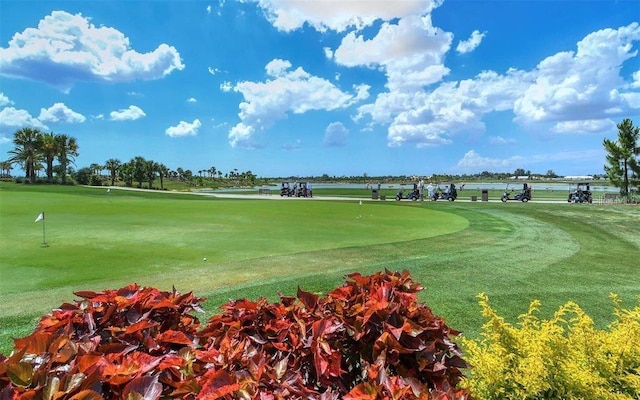 view of property's community with a water view and a lawn