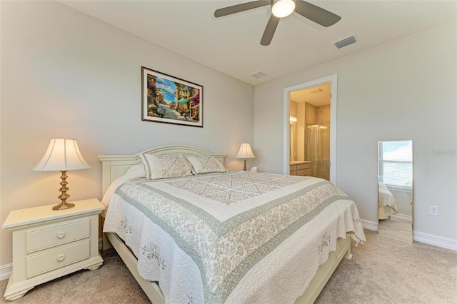 carpeted bedroom featuring ceiling fan and connected bathroom