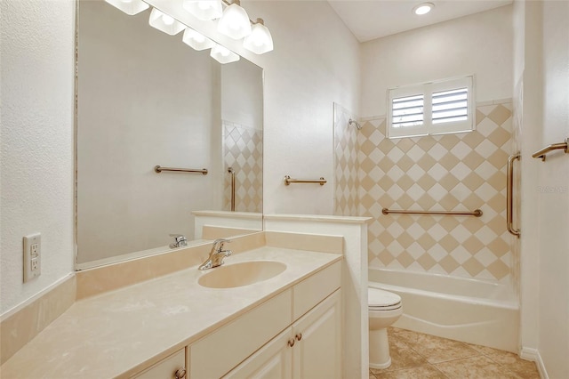 full bathroom with tile patterned floors, vanity, toilet, and tiled shower / bath