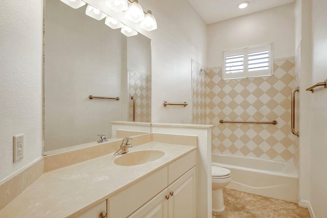 full bathroom with toilet, vanity, tile patterned floors, and tiled shower / bath combo