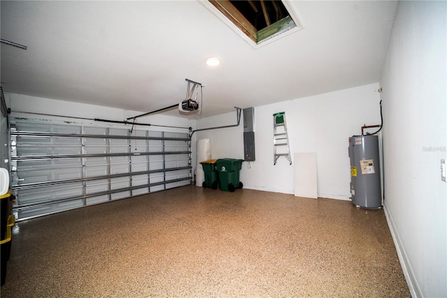 garage with a garage door opener and electric water heater