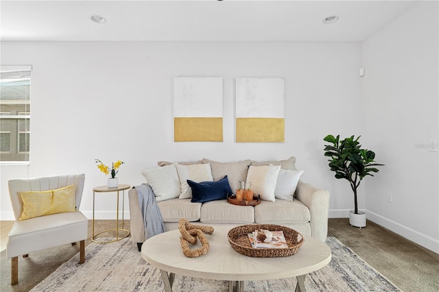 living area featuring carpet flooring