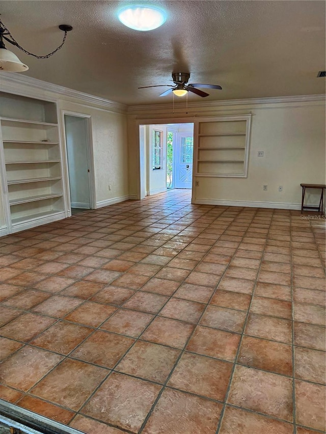 unfurnished living room with a textured ceiling, ceiling fan, ornamental molding, and built in features