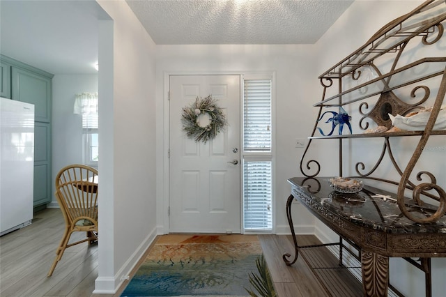 foyer entrance with light hardwood / wood-style floors, a textured ceiling, and a healthy amount of sunlight