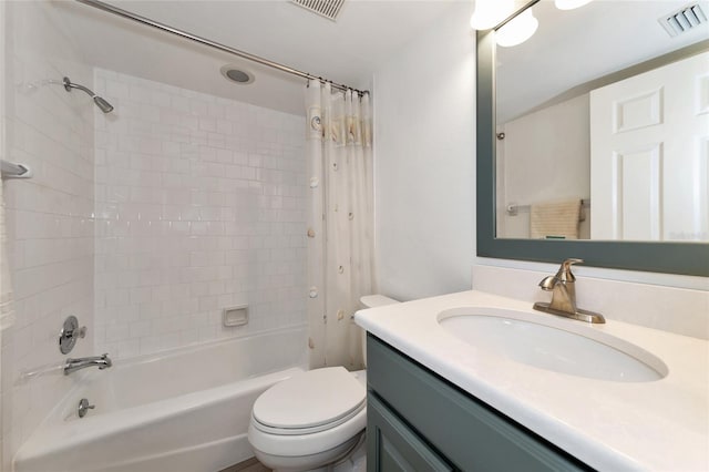 full bathroom with toilet, shower / bath combo, and vanity