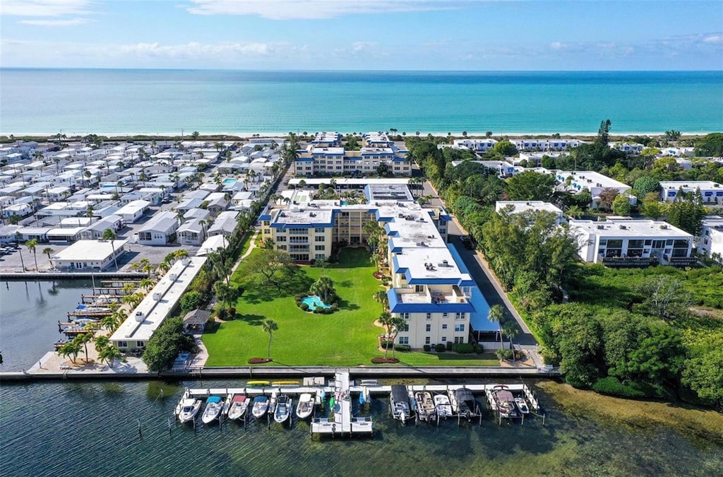 aerial view featuring a water view