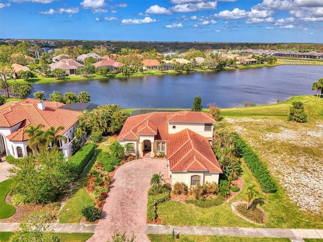 drone / aerial view featuring a water view