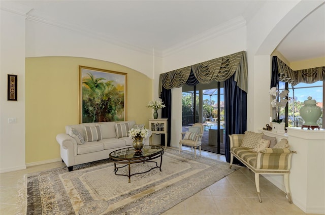 tiled living room featuring crown molding