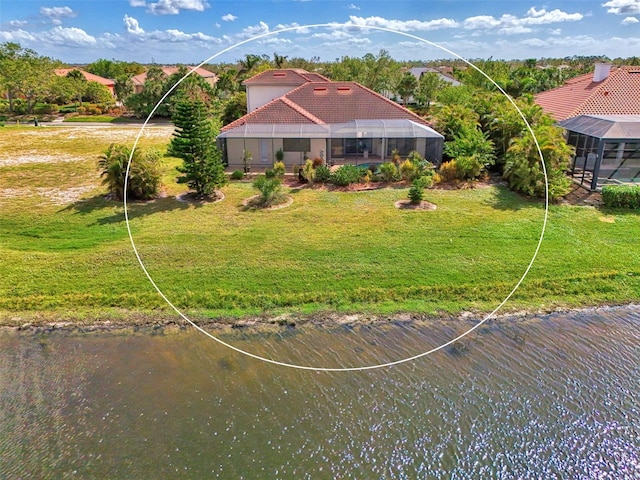 aerial view featuring a water view