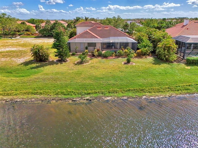 aerial view featuring a water view