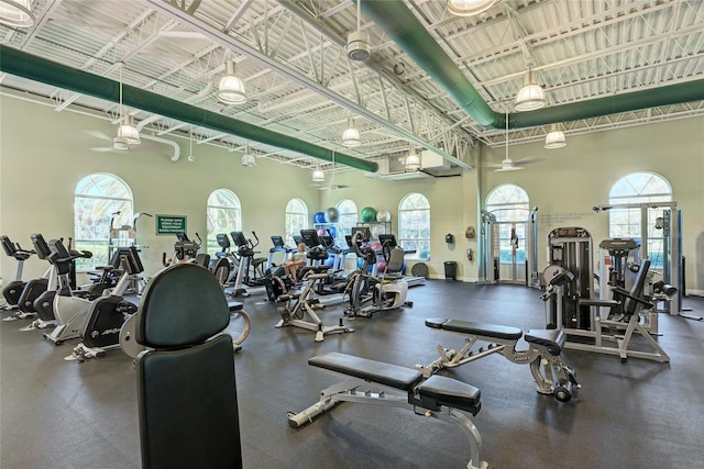 workout area with a towering ceiling and plenty of natural light