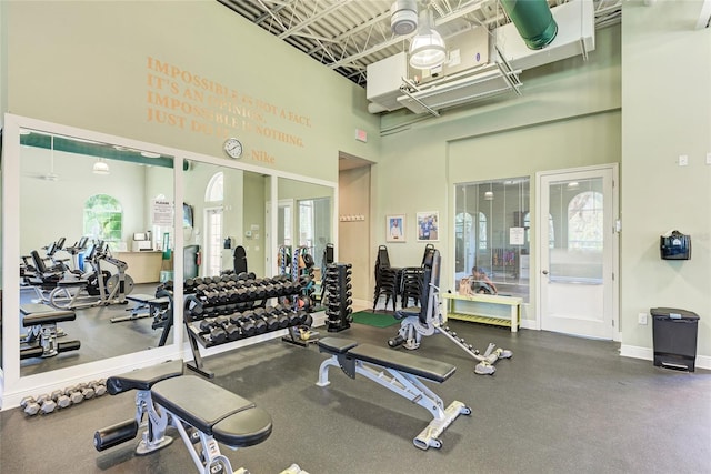 exercise room with a wealth of natural light and a towering ceiling