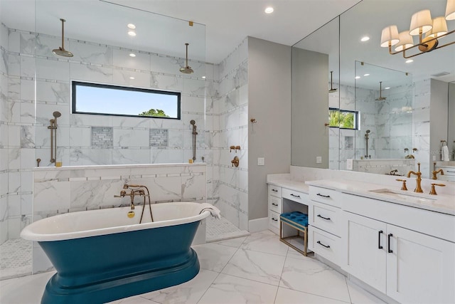 bathroom featuring vanity, tile walls, and independent shower and bath