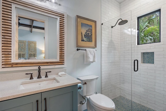 bathroom featuring toilet, vanity, and walk in shower