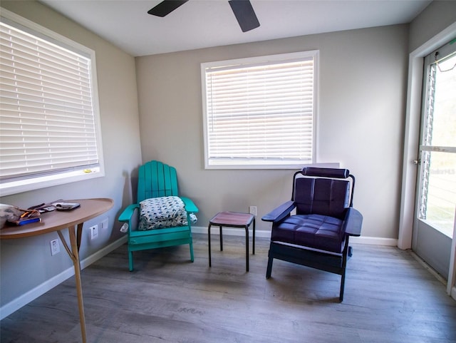 living area featuring wood-type flooring and ceiling fan