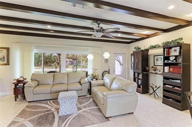 living room with ceiling fan and beam ceiling