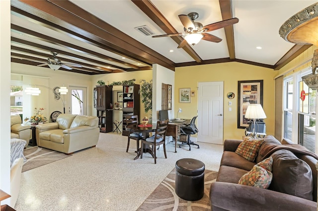 living room with ceiling fan and vaulted ceiling with beams