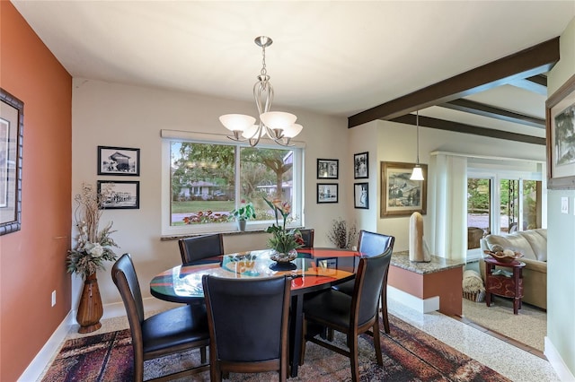 dining area with beamed ceiling and an inviting chandelier