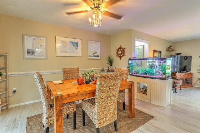 dining space with a textured ceiling, light hardwood / wood-style floors, and ceiling fan