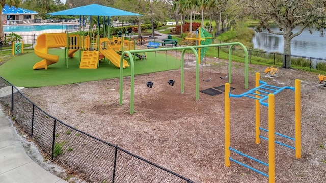 view of playground featuring a water view and a community pool