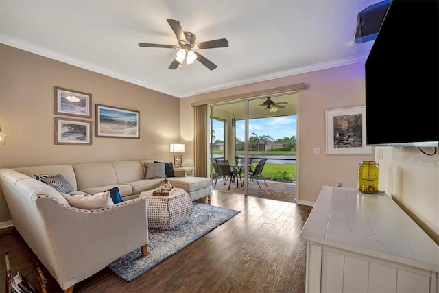 living room featuring hardwood / wood-style flooring, ceiling fan, and ornamental molding