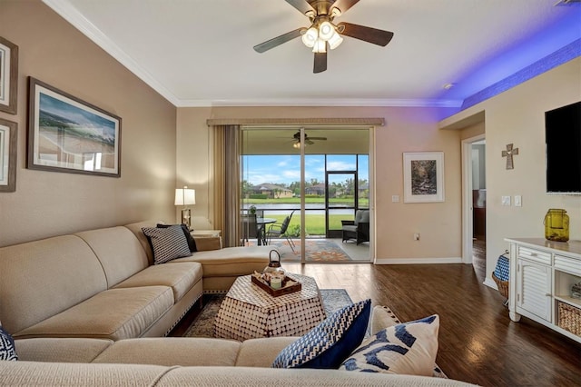 living room featuring dark wood-type flooring, ceiling fan, and crown molding