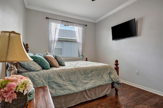 bedroom with hardwood / wood-style floors and ornamental molding