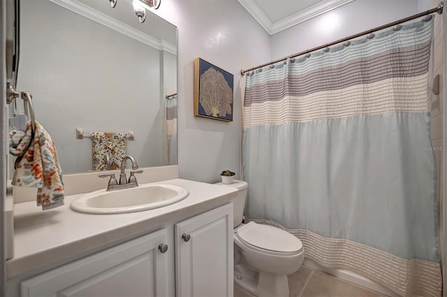 bathroom featuring toilet, tile patterned floors, vanity, crown molding, and a shower with shower curtain