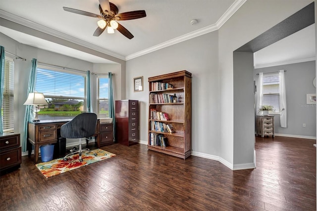 home office with dark wood-type flooring and crown molding