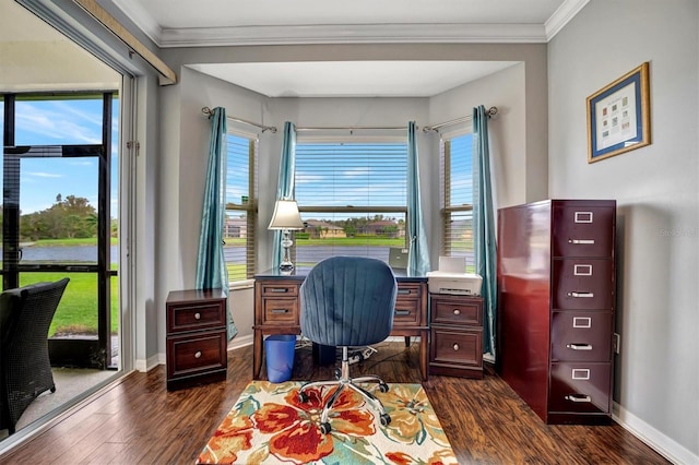 office area featuring a wealth of natural light, dark hardwood / wood-style floors, and ornamental molding