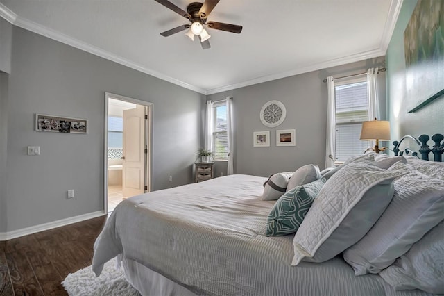 bedroom with ensuite bathroom, ceiling fan, crown molding, and dark hardwood / wood-style flooring