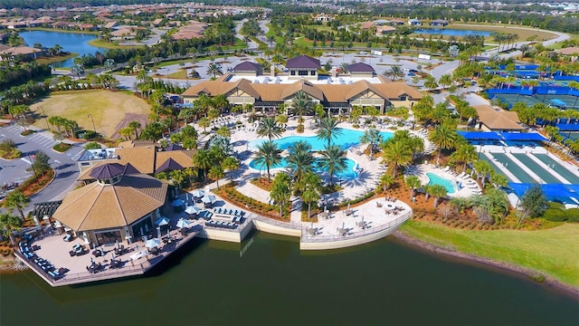 bird's eye view with a water view