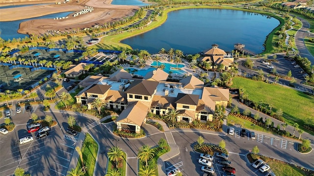 drone / aerial view with a water view