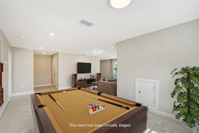 game room featuring billiards and light carpet