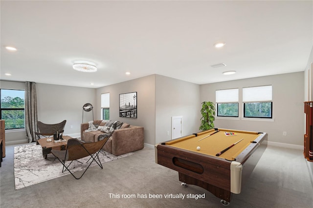 rec room featuring pool table and light colored carpet