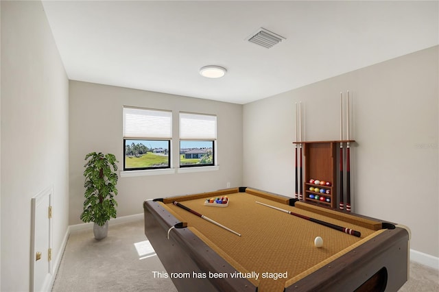 recreation room featuring billiards and light colored carpet