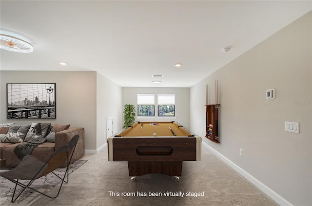 recreation room featuring pool table and carpet