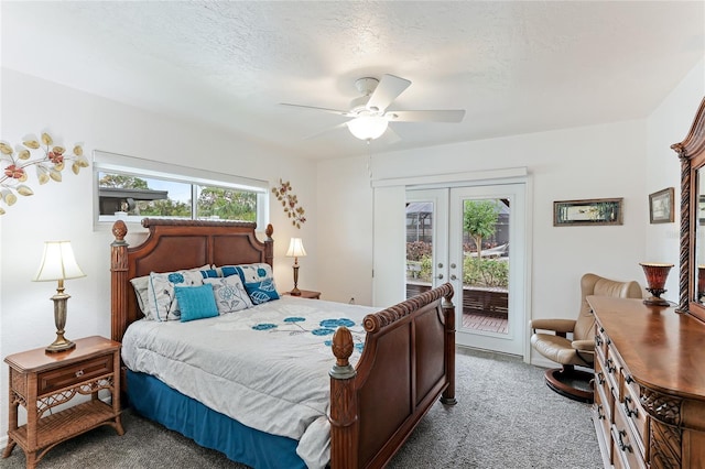 carpeted bedroom featuring a textured ceiling, french doors, ceiling fan, and access to exterior